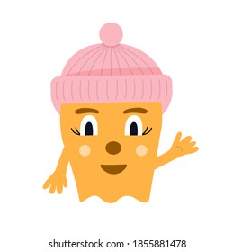 Cheerful yellow and bright creature in a pink hat with a pompom smiling