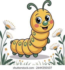 A cheerful yellow caterpillar with green accents smiles amidst stylized gray and yellow flowers and green grass. The illustration features a cartoon style with bold outlines and soft colors.