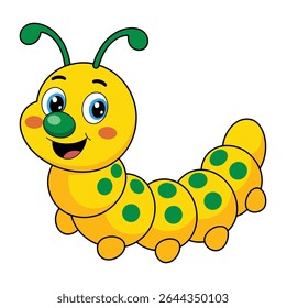 A cheerful yellow caterpillar with large blue eyes and green spots smiles broadly The illustration features a simple cartoon style against a white background