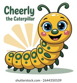 A cheerful yellow caterpillar with large blue eyes and green spots smiles brightly against a white background A pale yellow sunburst is behind it