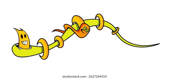 A cheerful yellow character with spiky hair sits on a green vine smiling. Nearby, an orange character resembling a snake slithers playfully, with bright green eyes adding personality to the scene.
