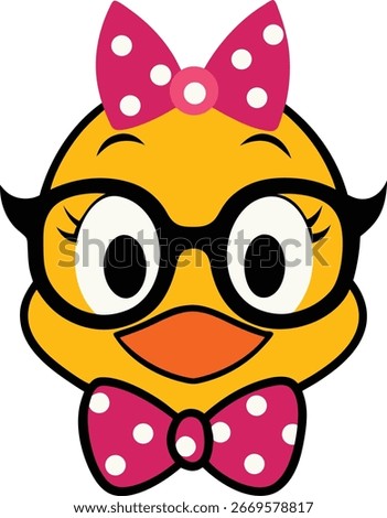 A cheerful yellow chick with large eyes and black rimmed glasses, adorned with a pink polka dot bow tie and matching hair bow.