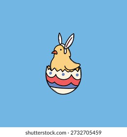 A cheerful yellow chick pops from a decorated cracked egg, wearing white bunny ears. Set against a vivid blue backdrop, the playful Easter scene conveys springtime joy, family fun, and festive charm.