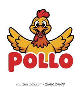 Um animado desenho animado de galinha amarela com asas estendidas e uma marca de palavra vermelha POLLO abaixo. O estilo é simples e arrojado com cores sólidas.