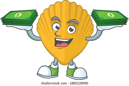 A cheerful yellow clamp cartoon mascot design having some money on hands. Vector illustration