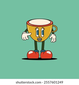 A cheerful yellow cup character with arms and legs, wearing red shoes and pointing. Perfect for fun, playful designs related to coffee, tea, or beverages.