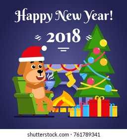 Cheerful yellow dog sits in armchair and drinks warm tea or coffee. New Year, Christmas greeting card. Flat style vector illustration