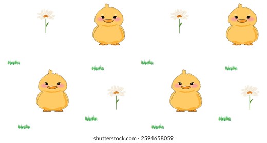 Cheerful yellow duck pattern with grass and camomile, simple Easter children’s design