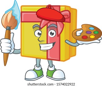 Cheerful yellow gift box painter cartoon character with brush