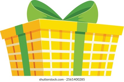 Cheerful yellow gift box wrapped with a green ribbon and bow, perfect for celebrating birthdays, holidays, or any special occasion, adding a touch of joy and excitement to the festivities