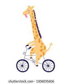 Cheerful yellow giraffe is racing on a bicycle. Hand-drawn illustration, child character on a white background.