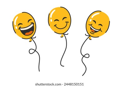 Cheerful yellow helium balloons. World Laughter Day. World smile day. Groovy style. Retro characters helium balloons with smiles. International Day of Happiness. Bright yellow balloons, happy emotions