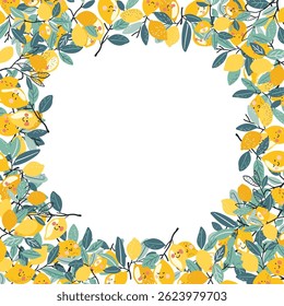 Cheerful yellow lemons and verdant leaves creating bright, playful frame with natural freshness and zesty summer inspired decorative composition