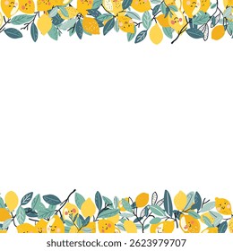 Cheerful yellow lemons and verdant leaves creating bright, playful border with natural freshness and zesty summer inspired decorative composition