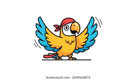 A cheerful yellow parrot with blue wings and a red bandana flies enthusiastically with open wings