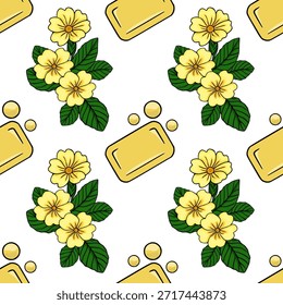 A cheerful yellow primrose flower pattern with a soap bar and bubbles, perfect for spring-themed backgrounds, designed as a seamless vector illustration.