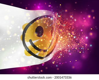 fröhliches gelbes Lächeln, Vektorgrafik 3D-Flagge auf rosafarbenem violettem Hintergrund mit Beleuchtung und Aromen
