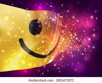 cheerful yellow smile vector 3d flag on pink purple background with lighting and flares