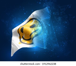 cheerful yellow smile vector flag, virtual abstract 3D object from triangular polygons on a blue background