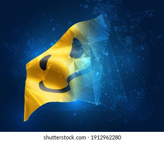 cheerful yellow smile vector flag, virtual abstract 3D object from triangular polygons on a blue background