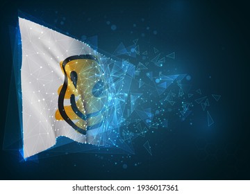 fröhliche gelbe Lächelvektorflagge, virtuelles abstraktes 3D-Objekt aus dreieckigen Polygonen auf blauem Hintergrund