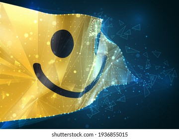 bandera vectorial de sonrisa amarilla alegre, objeto 3D virtual abstracto de polígonos triangulares sobre un fondo azul
