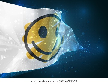 bandera vectorial de sonrisa amarilla alegre, objeto 3D virtual abstracto de polígonos triangulares sobre un fondo azul
