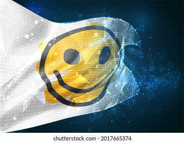 cheerful yellow smile vector flag, virtual abstract 3D object from triangular polygons on a blue background