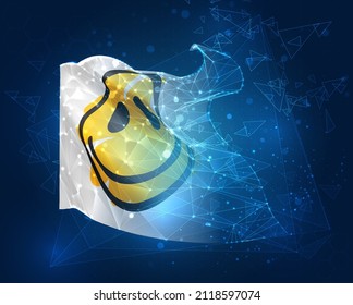 cheerful yellow smile vector flag, virtual abstract 3D object from triangular polygons on a blue background