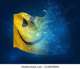 cheerful yellow smile vector flag, virtual abstract 3D object from triangular polygons on a blue background