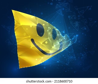 cheerful yellow smile vector flag, virtual abstract 3D object from triangular polygons on a blue background
