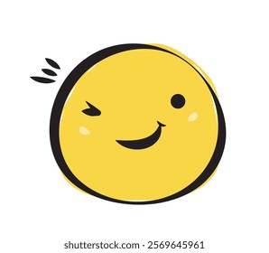 A cheerful yellow smiley face winking, with a black outline and playful details, on a white background. Concept of happiness, fun, and positivity. Vector illustration