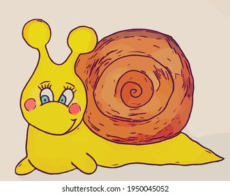 caracol amarillo alegre con una concha en la espalda