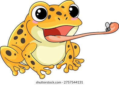 A cheerful yellow spotted frog catches a fly using its long tongue in cartoon style