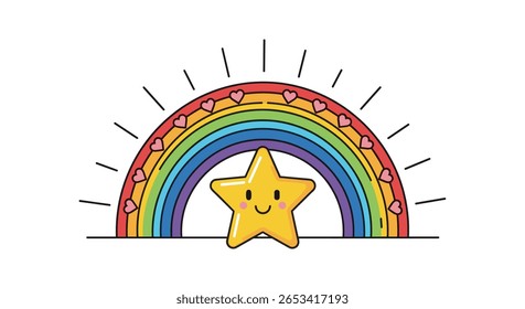 A cheerful yellow star peeking out from behind a colorful rainbow arch decorated with tiny pink hearts and sunshine rays