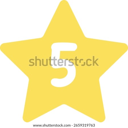 Cheerful yellow star with soft rounded points and number five, great for classroom charts and gamified learning systems.