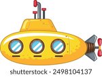 A cheerful yellow submarine with three round windows and a red propeller. It has a periscope and two red antennas on top.