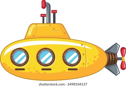 A cheerful yellow submarine with three round windows and a red propeller. It has a periscope and two red antennas on top.