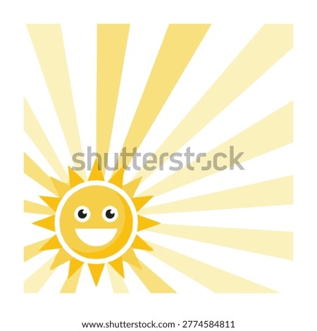 A cheerful yellow sun character with a smiling face and radiating golden light beams. This bright, optimistic symbol is perfect for weather concepts and kids designs.