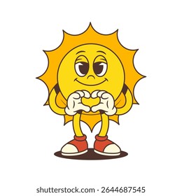 Cheerful yellow sun mascot smiling calmly while forming a heart gesture with hands in vintage cartoon style. Perfect for social media, branding, posters and summer-related designs. Vector illustration