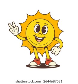 Cheerful yellow sun mascot standing with a confident smile and showing a victory hand gesture in vintage cartoon style. Great for summer content, branding, and children’s designs. Vector illustration