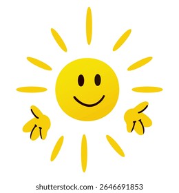 A cheerful yellow sun with a smiling face and rays extending outward. The design is simple and playful, suitable for children's themes or summer concepts.