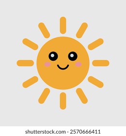 A cheerful yellow sun vector illustration with a smiling face, round eyes, pink cheeks, and radiating rays. Perfect for weather, summer, or happy theme