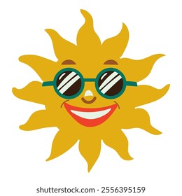 a cheerful yellow sun with wavy rays, wearing teal sunglasses and a big smile, radiating a fun and happy summer vibe.