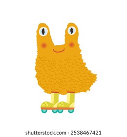 A cheerful yellow-orange alien on roller skates. A cute character. Vector illustration in the form of a float.