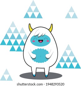 cheerful yeti with background of blue Christmas trees