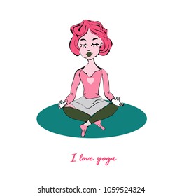 Cheerful Yoga Girl in lotus position. Vector, illustration