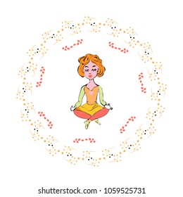 Cheerful Yoga Girl in lotus position. Vector, illustration