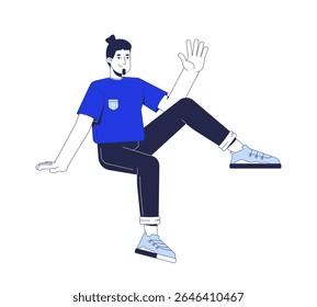 Cheerful young adult man sitting casually and waving 2D cartoon character. Caucasian guy in relaxed posture, friendly gesture flat vector person isolated on white. Spot illustration colorful
