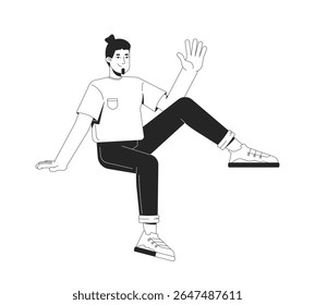 Cheerful young adult man sitting casually and waving 2D line character. Caucasian guy in relaxed posture, friendly gesture isolated vector ink outline person. Monochromatic spot illustration